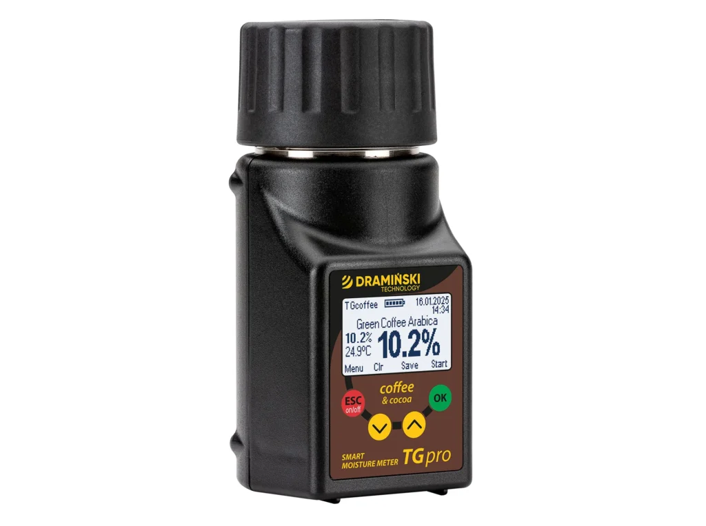 Control de la humedad del café verde Arábica con humidímetro TG Pro Coffee